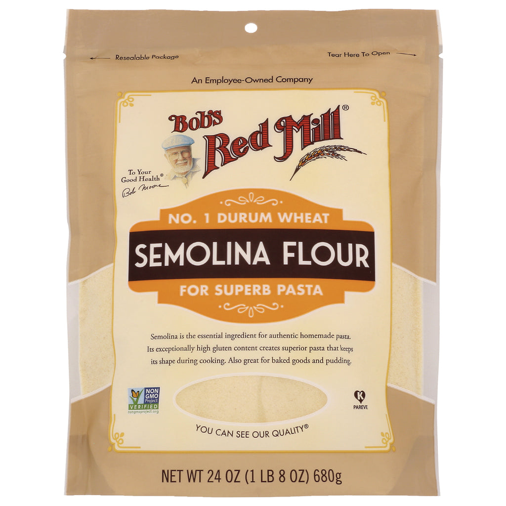 BOB403 | Bob's Red Mill semolina flour bag labeled SEMOLINA FLOUR for superb pasta, front packaging - Thumbnail