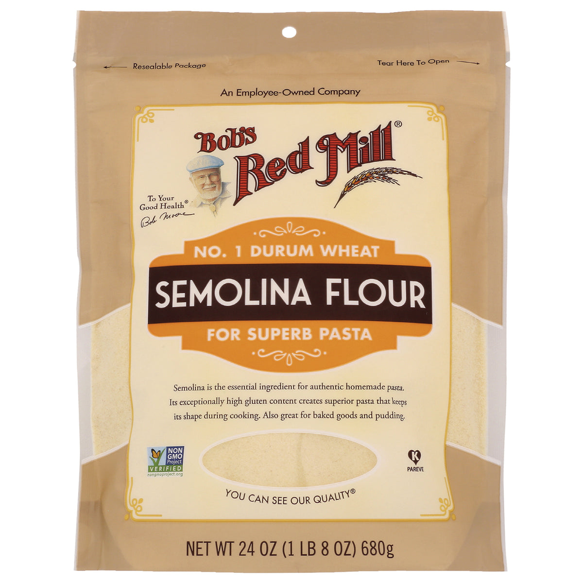 BOB403 | Bob's Red Mill semolina flour bag labeled SEMOLINA FLOUR for superb pasta, front packaging
