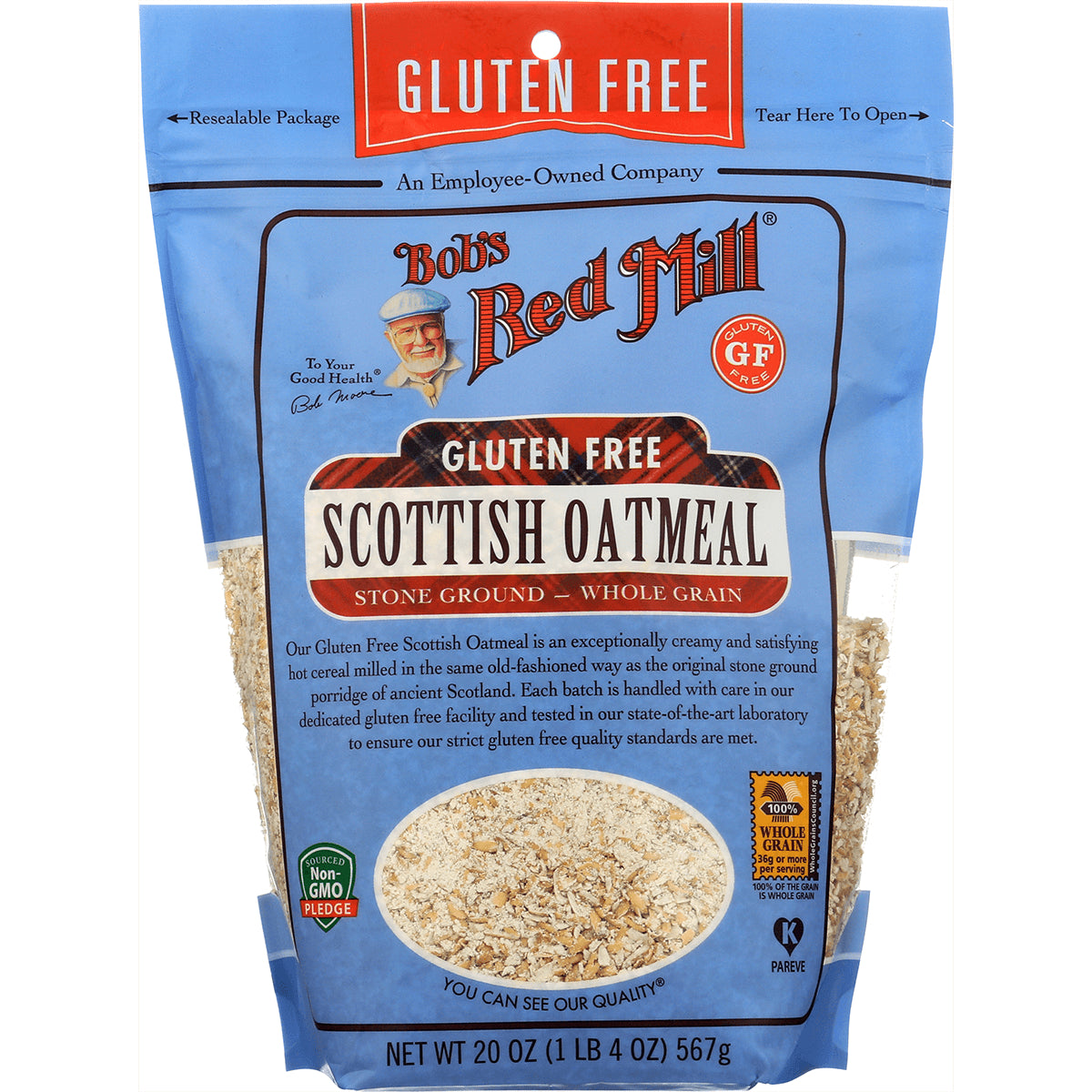 BOB331 | Bob's Red Mill gluten free Scottish oatmeal front packaging 20 oz bag with product window and label