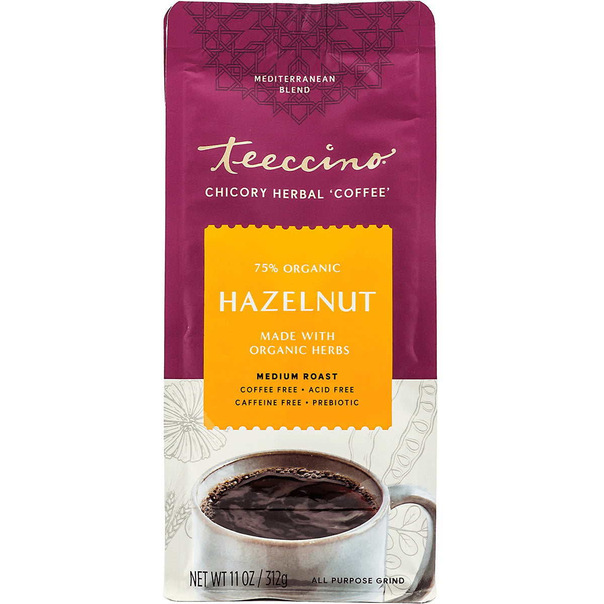 TCN002 | Teeccino Hazelnut chicory herbal coffee, medium roast, 11 oz bag