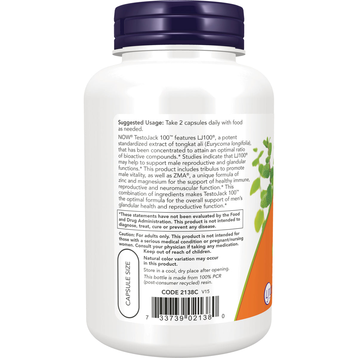 NWF851 | Back label of white supplement bottle showing suggested usage, caution text, and barcode