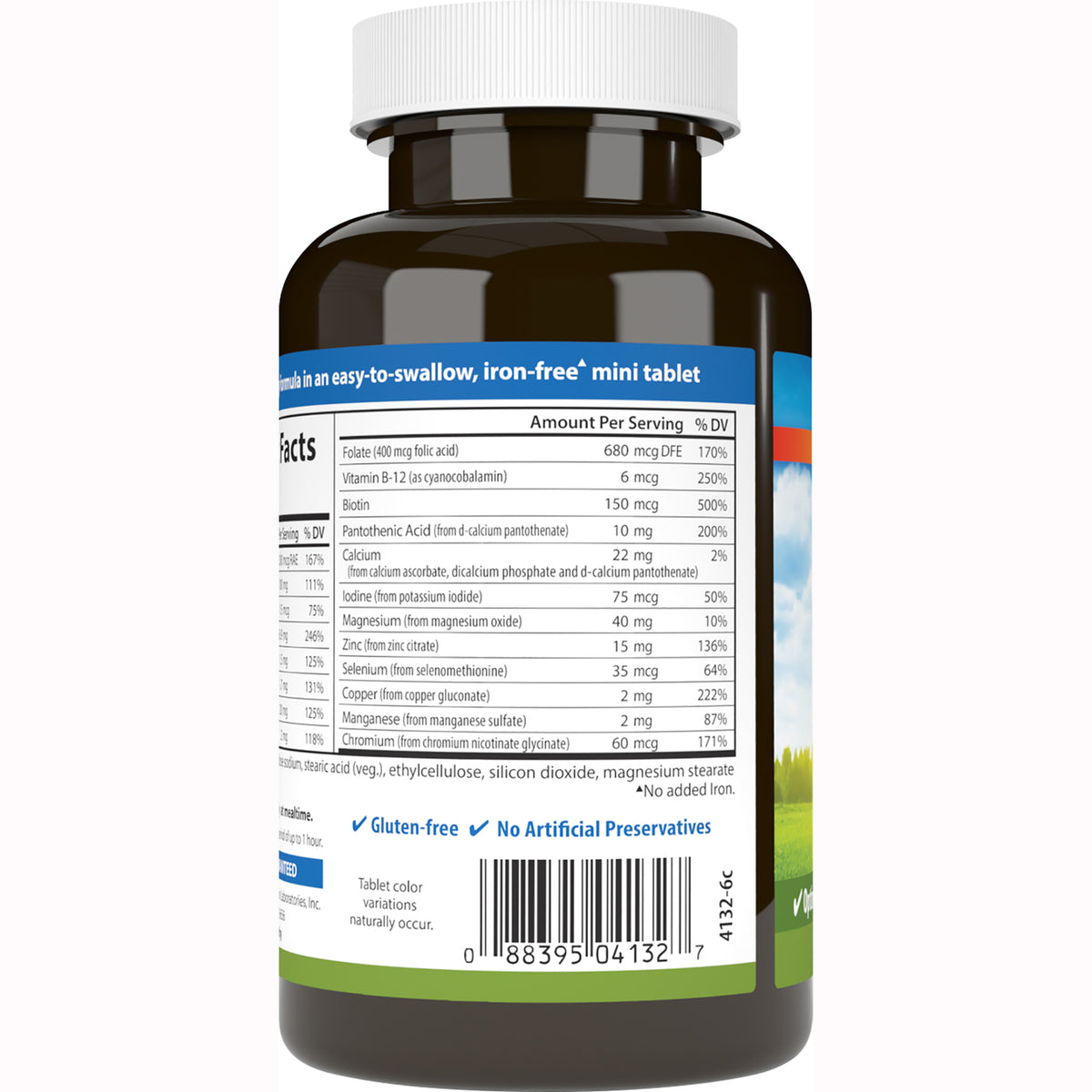 CSN200 | back of brown supplement bottle showing supplement facts panel, barcode, and Gluten-free No Artificial Preservatives label