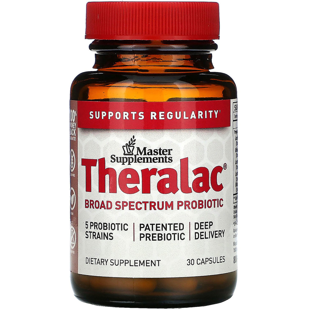 MSP001 | Master Supplements Theralac broad spectrum probiotic amber bottle with red cap, label shows 30 capsules