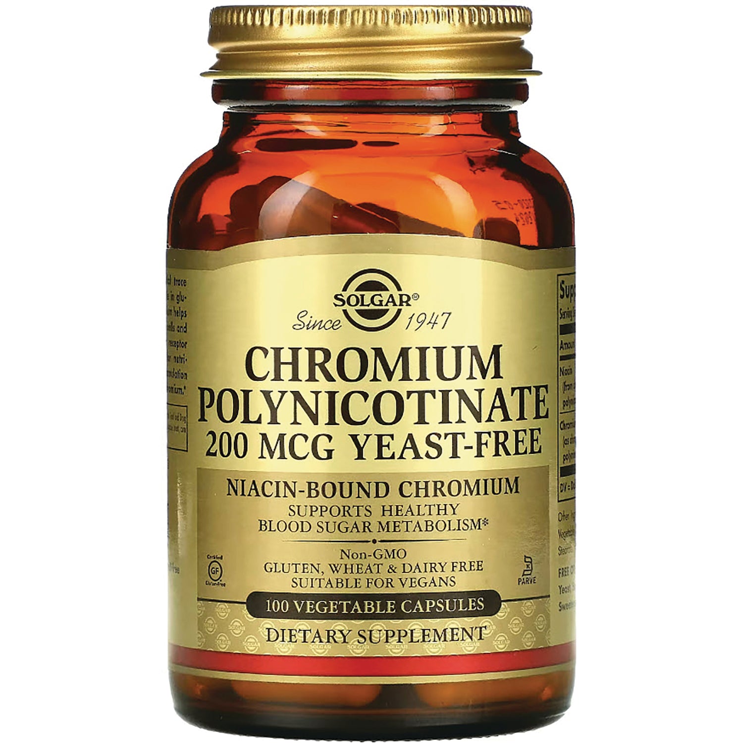 SLG321 | Solgar Chromium Polynicotinate 200 mcg yeast-free bottle, 100 vegetable capsules dietary supplement