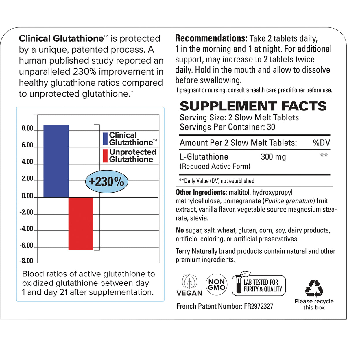 EUR033 | Back panel showing supplement facts, usage recommendations, ingredient list, bar chart comparing Clinical vs Unprotected Glutathione and certification icons
