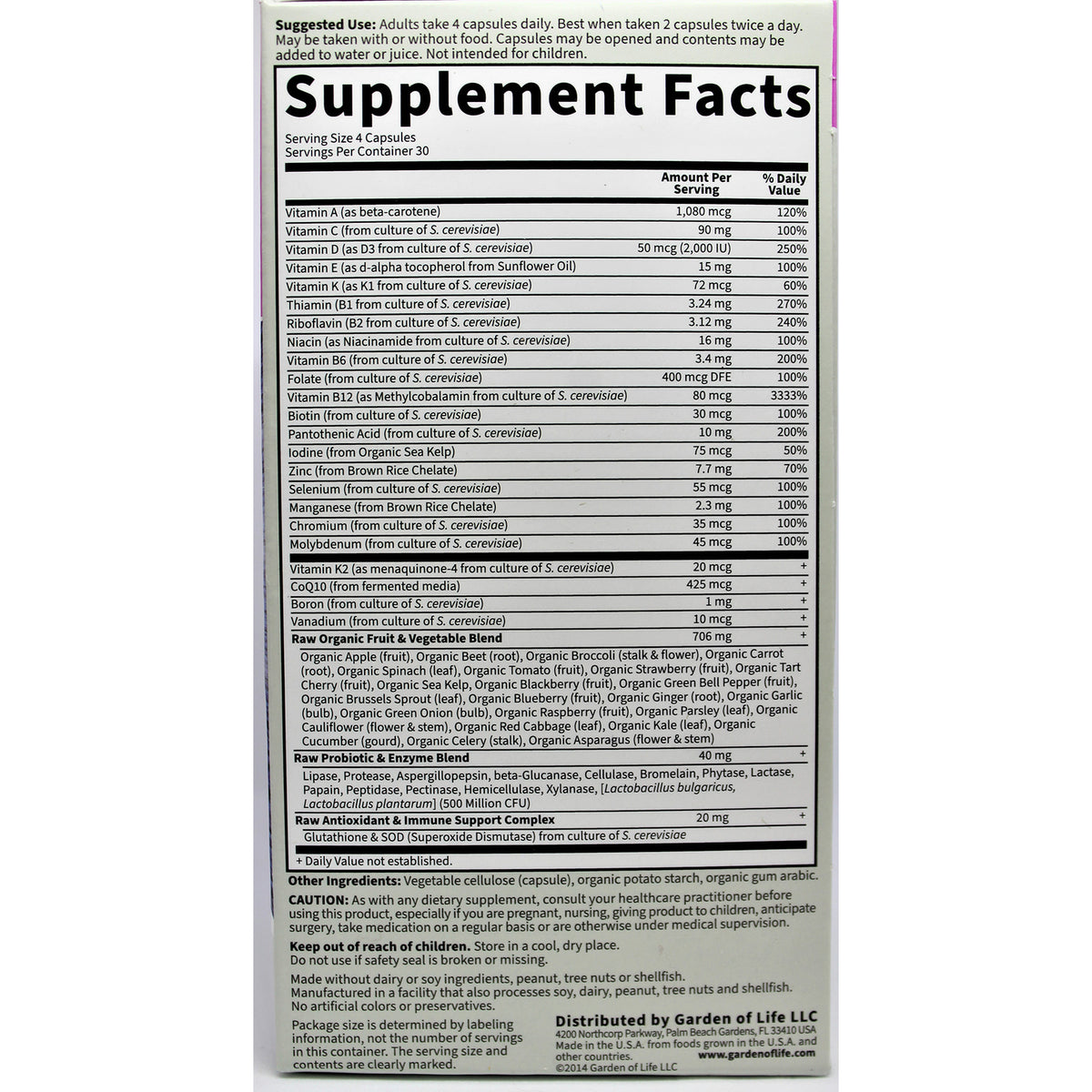 GLF035 | Supplement Facts back panel showing vitamins, minerals, serving size, and ingredient list