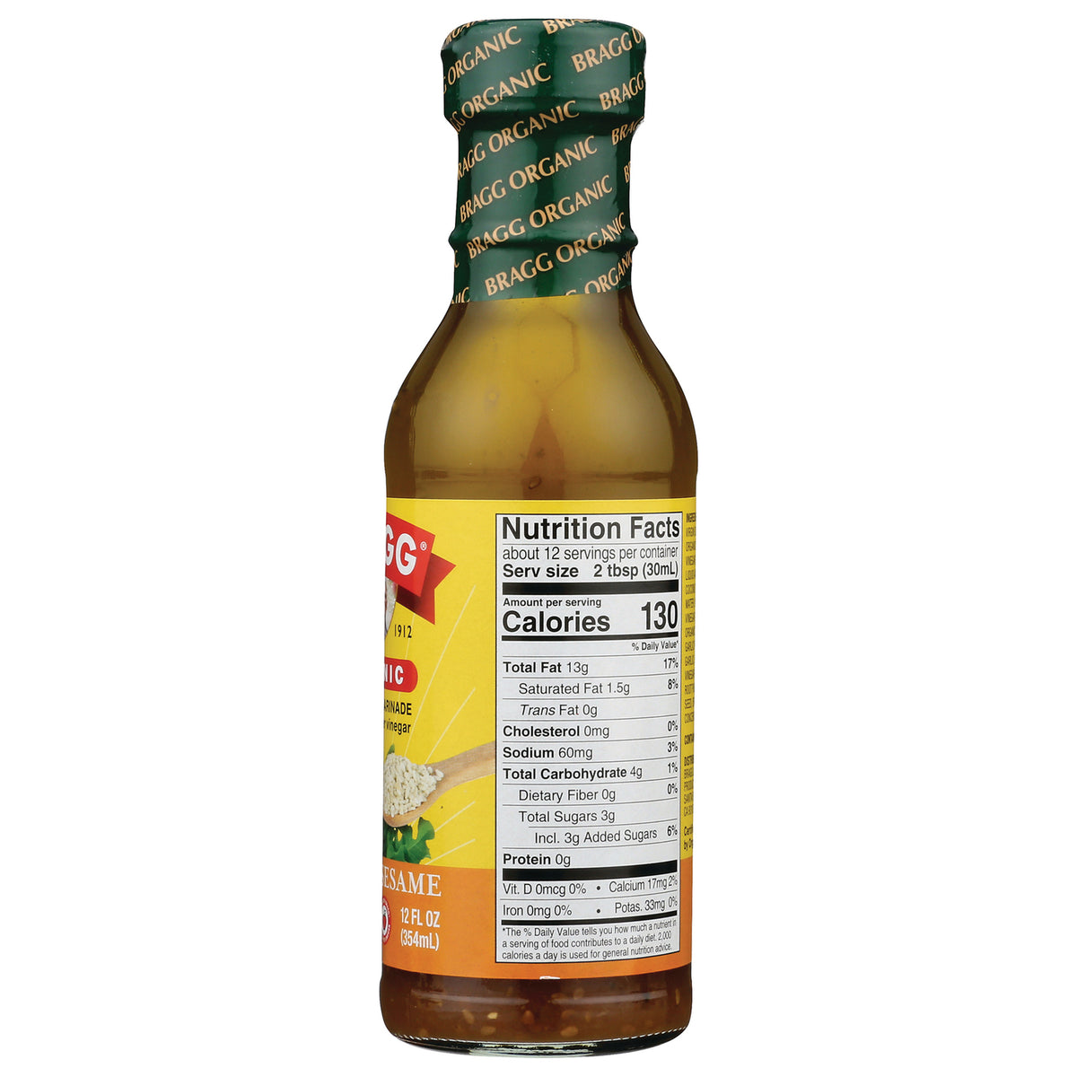 BR015 | back of sesame dressing bottle showing Nutrition Facts label with 130 Calories and ingredient panel