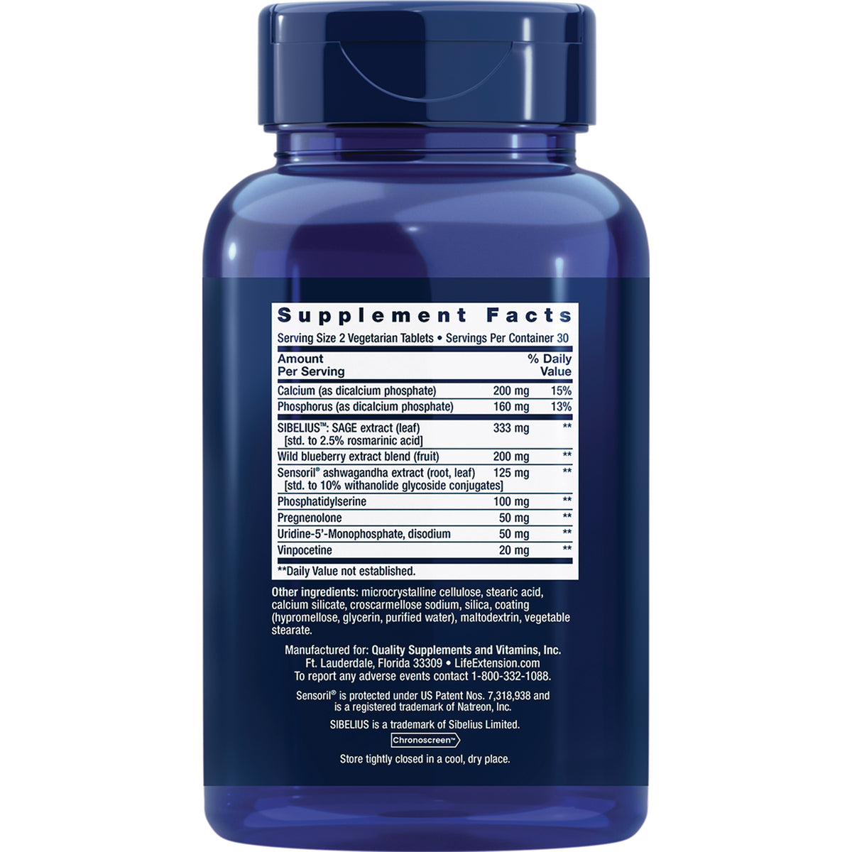 LE568 | Back of blue supplement bottle showing Supplement Facts panel and ingredient text