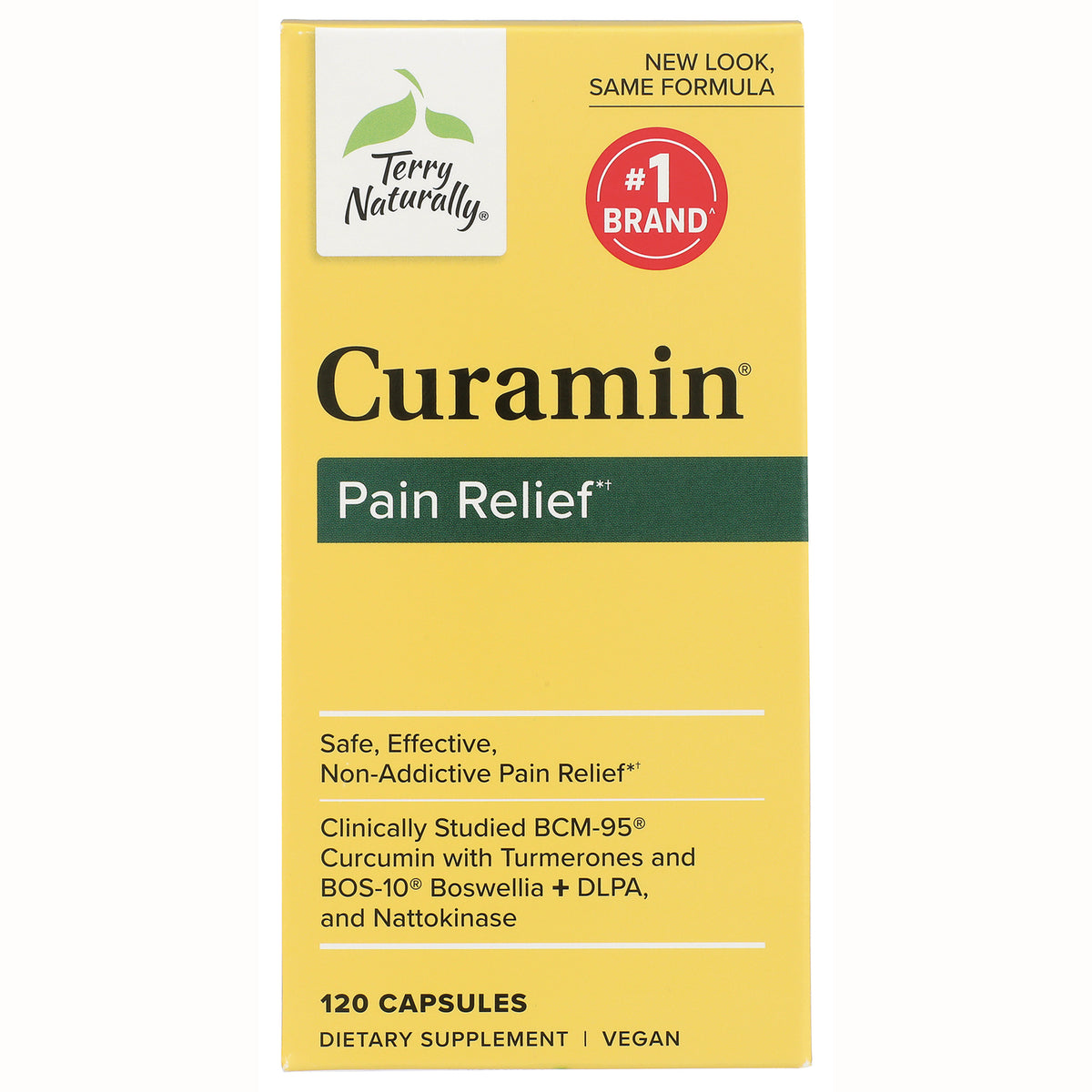 EUR002 | Terry Naturally Curamin Pain Relief front of yellow box showing 120 capsules dietary supplement vegan