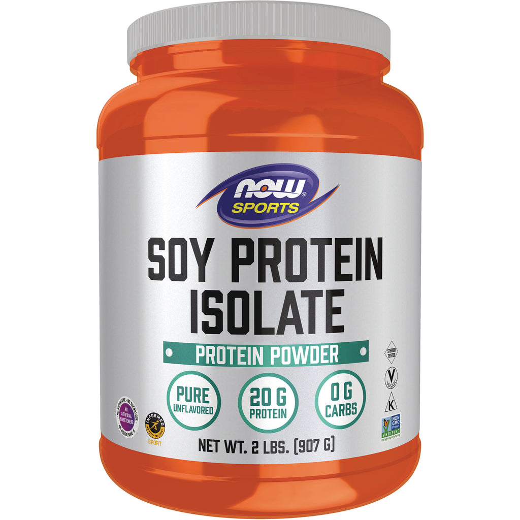 NWF910 | Orange tub of NOW Sports Soy Protein Isolate protein powder, 2 lb label showing 20 g protein and 0 g carbs - Thumbnail