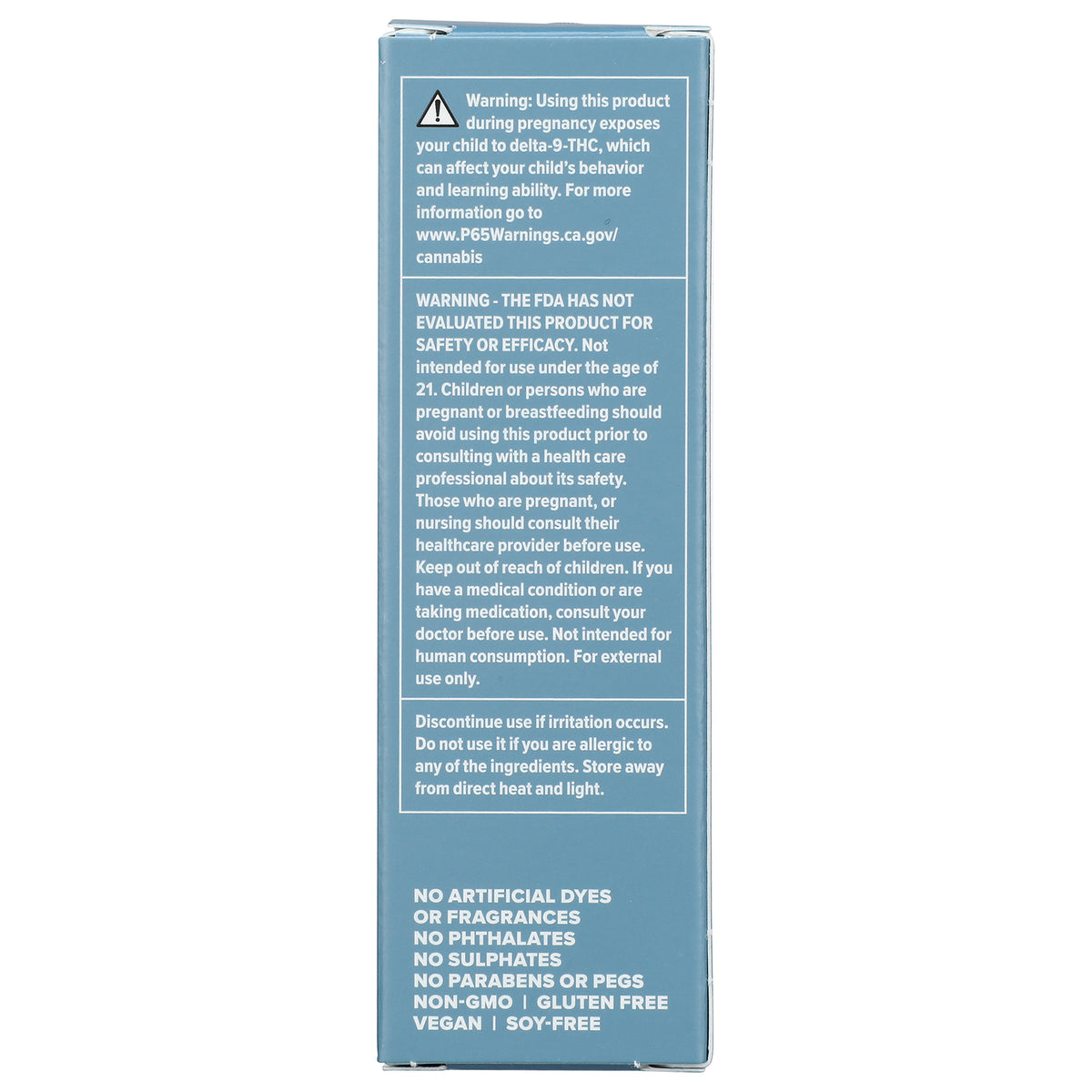 CV015 | back panel showing warnings, usage directions, and claims: no artificial dyes, no parabens, vegan, gluten free