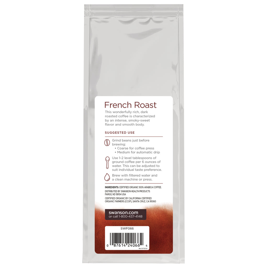 SWF066 | Back of coffee bag showing French Roast suggested use and ingredients with barcode - Thumbnail