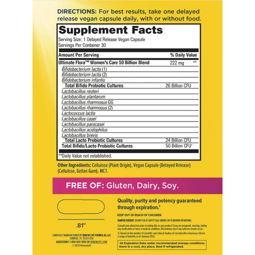RNL234 | Supplement Facts panel showing probiotic strains, serving size, and Free of: Gluten, Dairy, Soy banner - Thumbnail