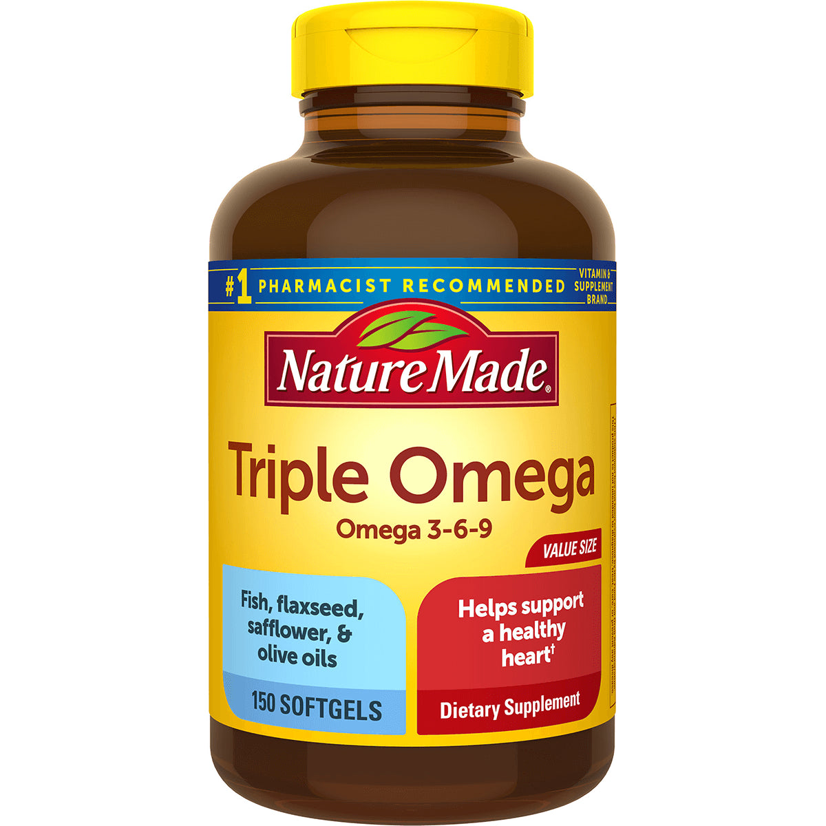 NTM026 | Nature Made Triple Omega bottle front label showing Omega 3-6-9 and 150 softgels