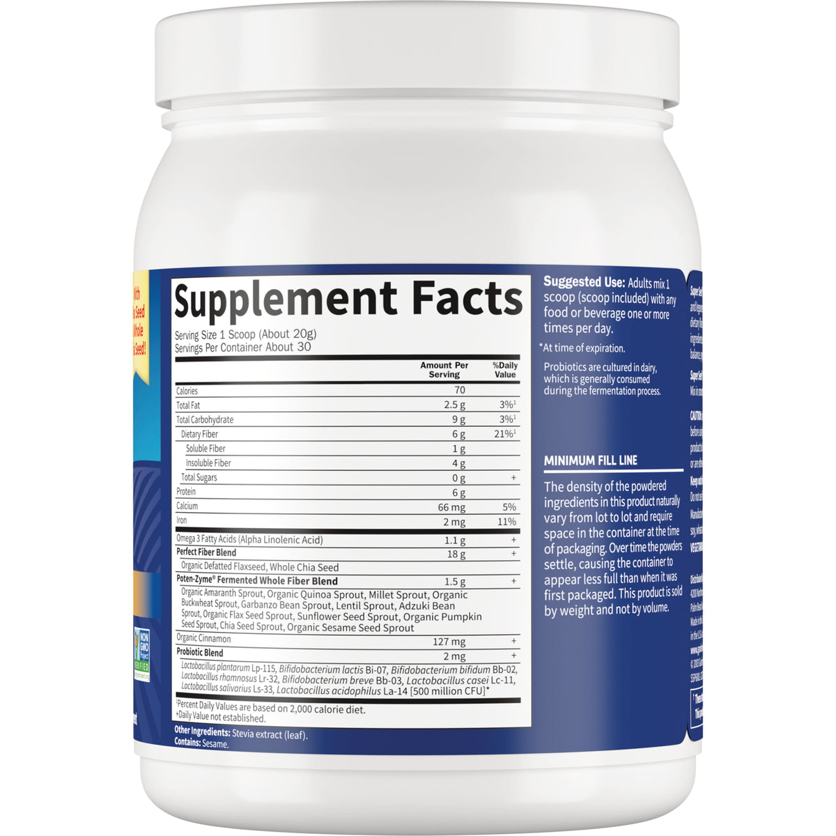 GLF016 | Back of white supplement jar showing Supplement Facts panel, nutrition table, suggested use and minimum fill line