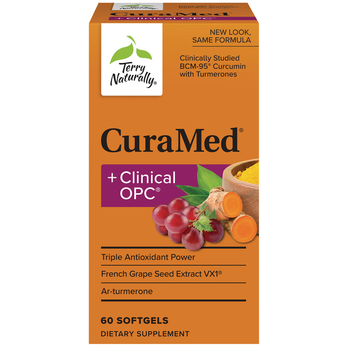 EUR032 | CuraMed + Clinical OPC supplement box showing grapes and turmeric, 60 softgels