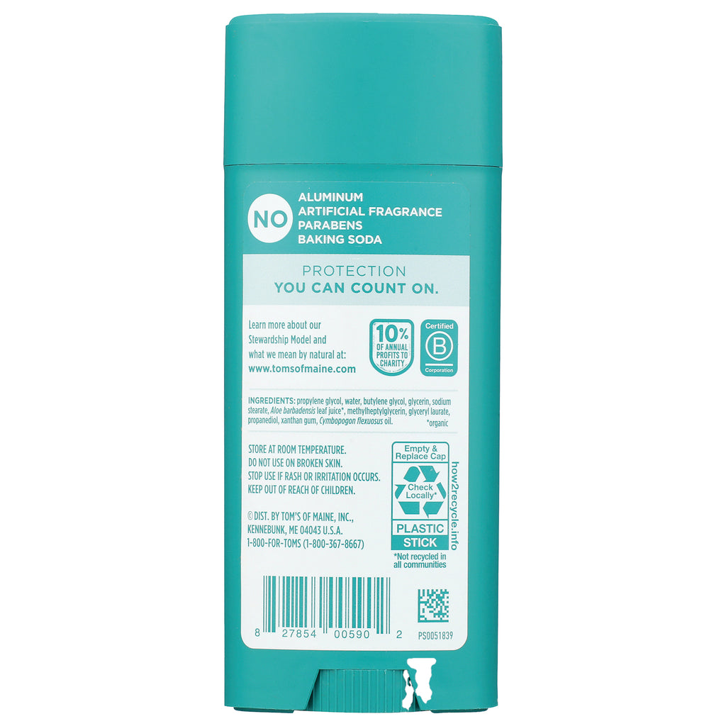 TSM099 | Back of Tom's of Maine deodorant stick showing ingredients, NO aluminum claim, and 'Protection you can count on' - Thumbnail