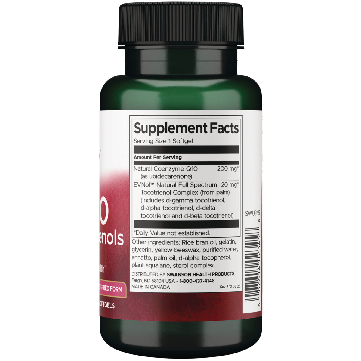 SWU345 | Back label with Supplement Facts for CoQ10 200 mg and EVNol tocotrienol complex 20 mg