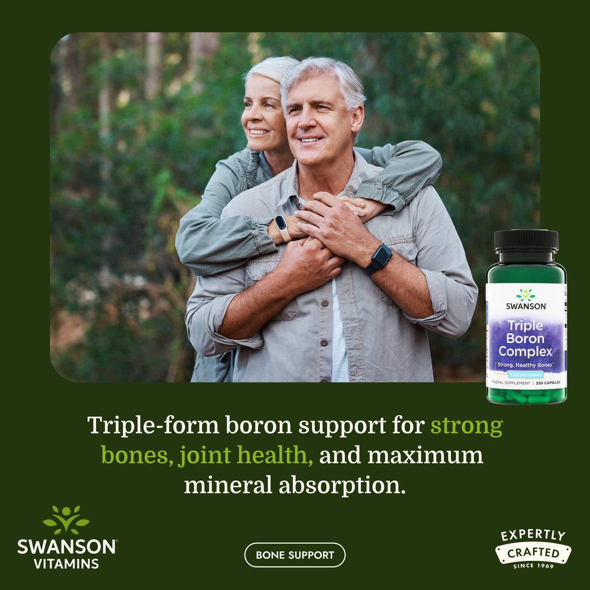 SW599 | Couple outdoors with Swanson Triple Boron Complex bottle and bone support messaging