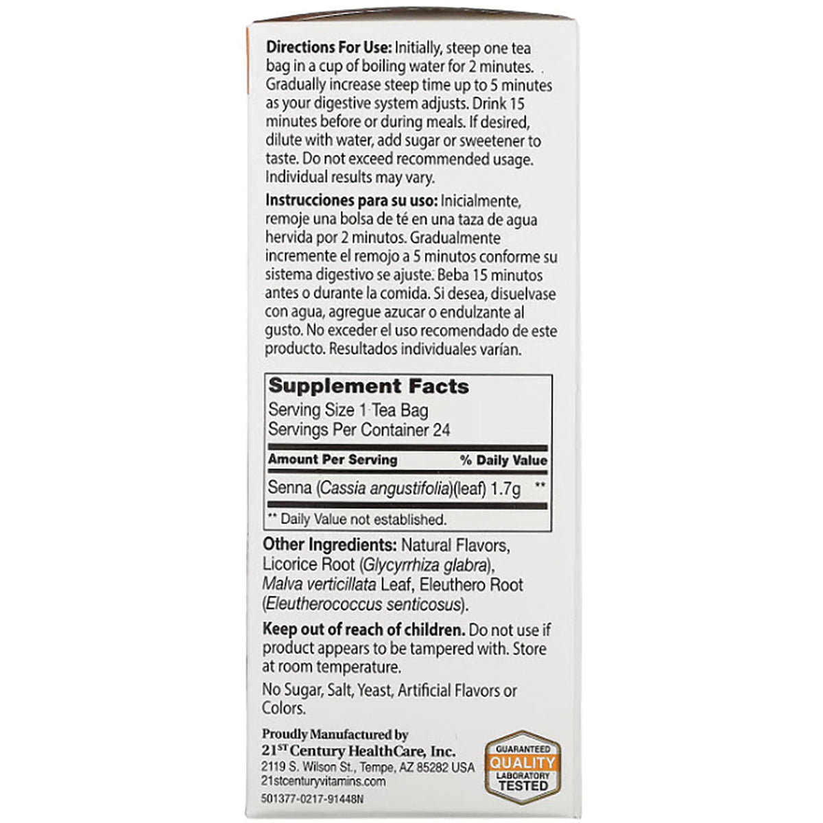 CNT151 | Back panel showing directions, Supplement Facts and ingredient list on tea box