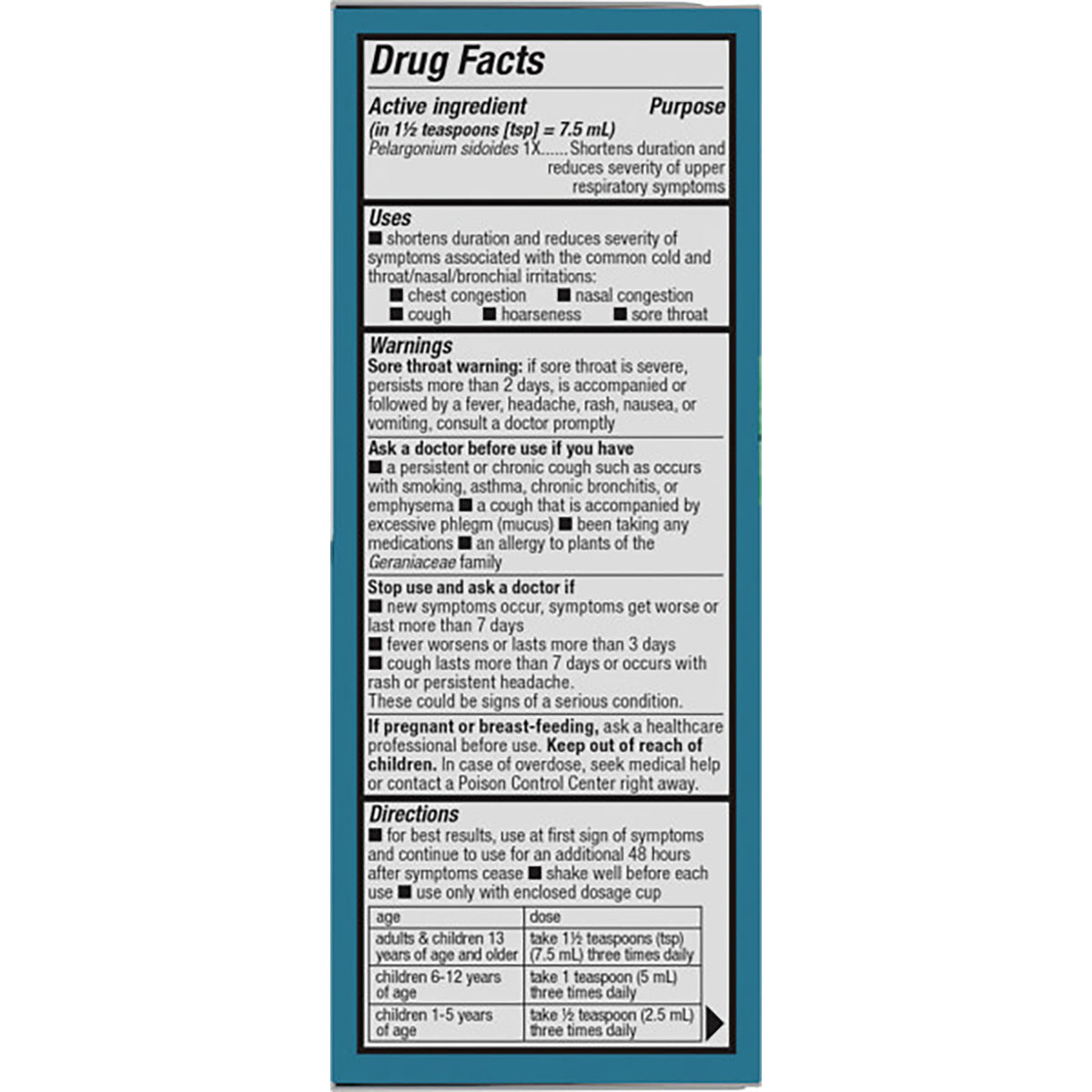 NW584 | Drug Facts and directions panel on back of purple cough medicine box