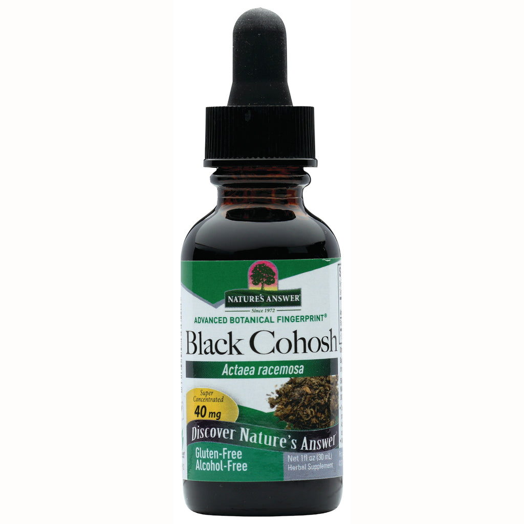 NAT010 | Brown dropper bottle of Nature's Answer Black Cohosh liquid supplement label Actaea racemosa 40 mg gluten-free alcohol-free - Thumbnail