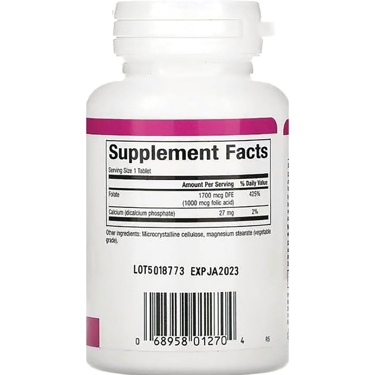 NFC003 | Back of white supplement bottle showing Supplement Facts panel, barcode, lot and expiration codes