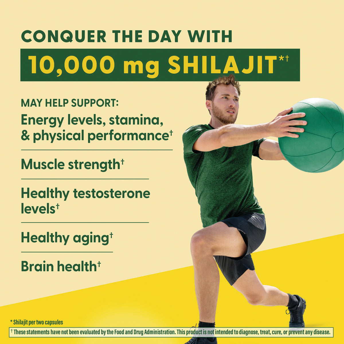 MGF149 | Product infographic showing 10,000 mg SHILAJIT, benefits list and man exercising with green medicine ball
