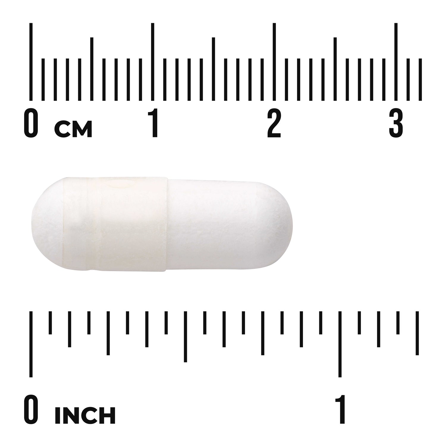 SW206 | White capsule shown against cm and inch ruler for size reference