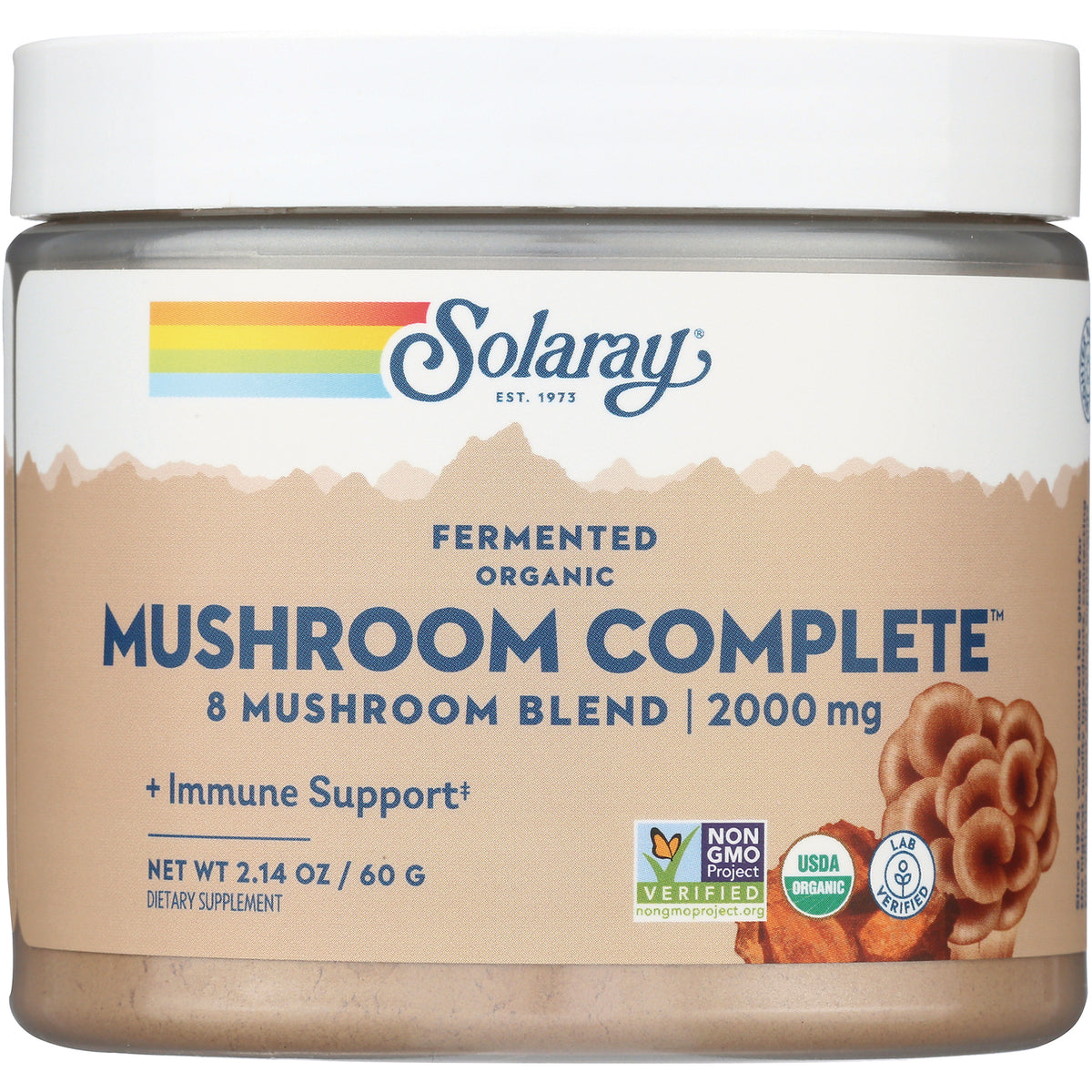 SLR458 | Solaray Mushroom Complete 8 mushroom blend 2000 mg powder supplement jar front label
