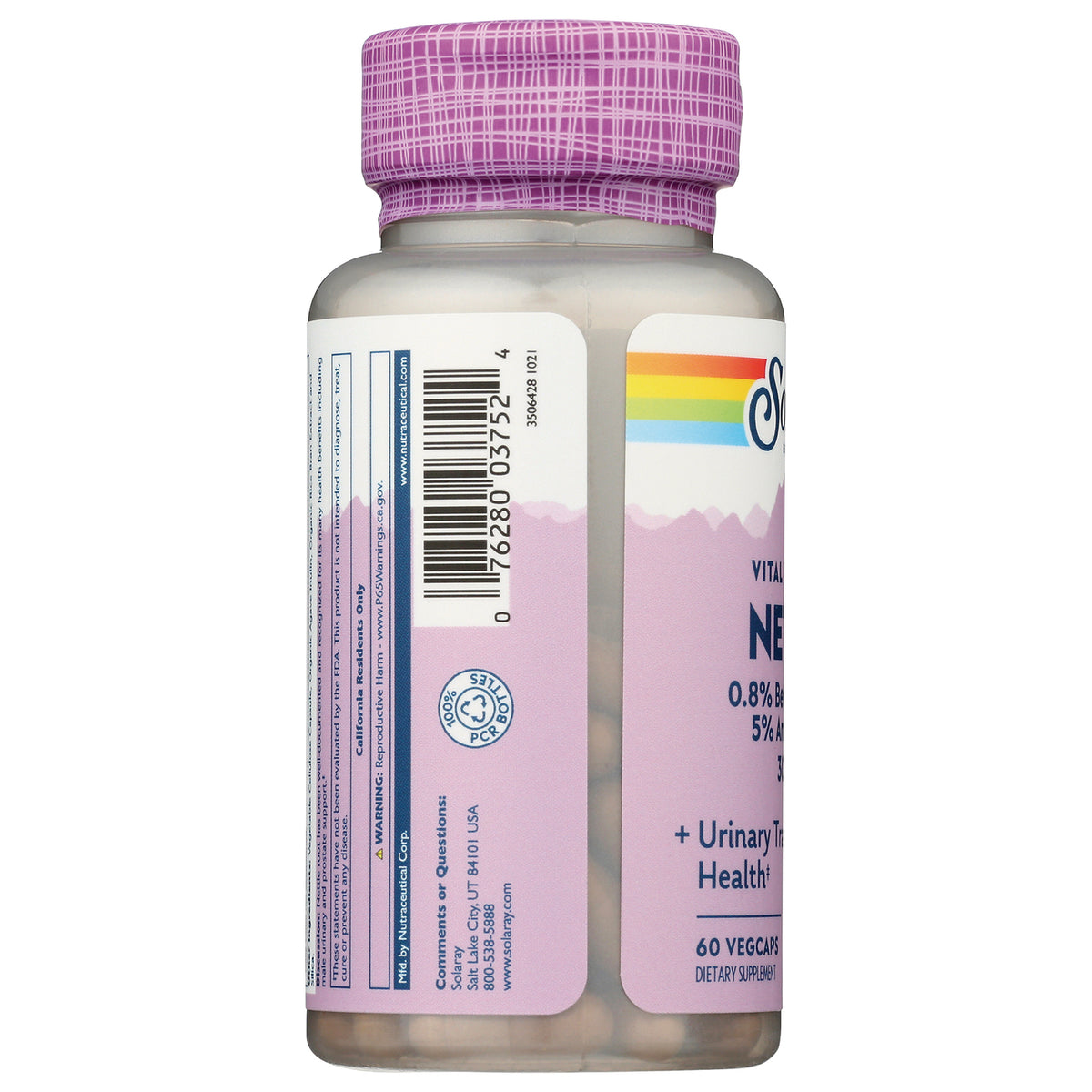 SLR385 | side product infographic of supplement bottle label with barcode, pink panels and visible text 60 VEGCAPS