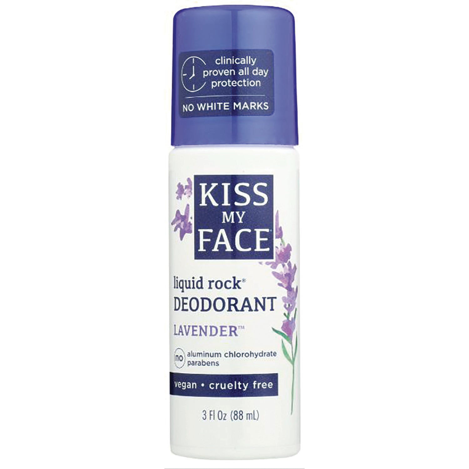 KMF002 | Kiss My Face liquid rock deodorant lavender roll-on bottle with purple cap and lavender illustration
