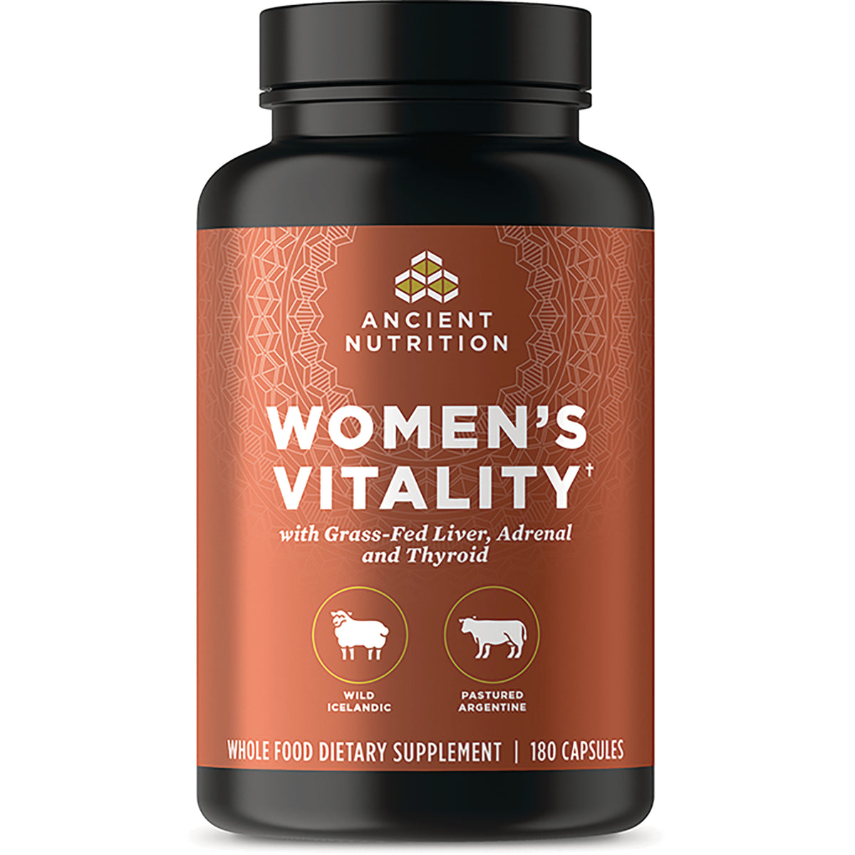 ATN101 | Ancient Nutrition Women's Vitality dietary supplement bottle, orange label, 180 capsules