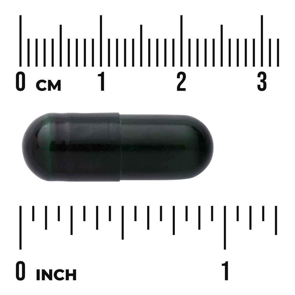SWU542 | dark green capsule on centimeter and inch rulers showing approx 2 cm length, visible text "0 CM" and "0 INCH" - Thumbnail