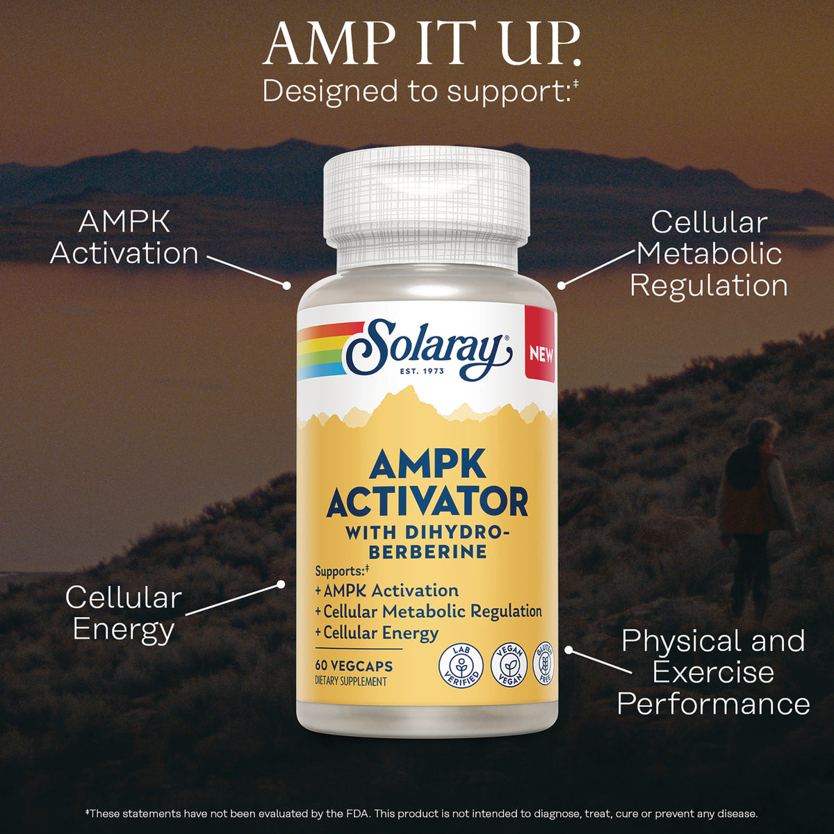 SLR536 | Solaray AMPK Activator bottle labeled with benefits: AMPK activation, cellular metabolic regulation, cellular energy, exercise performance