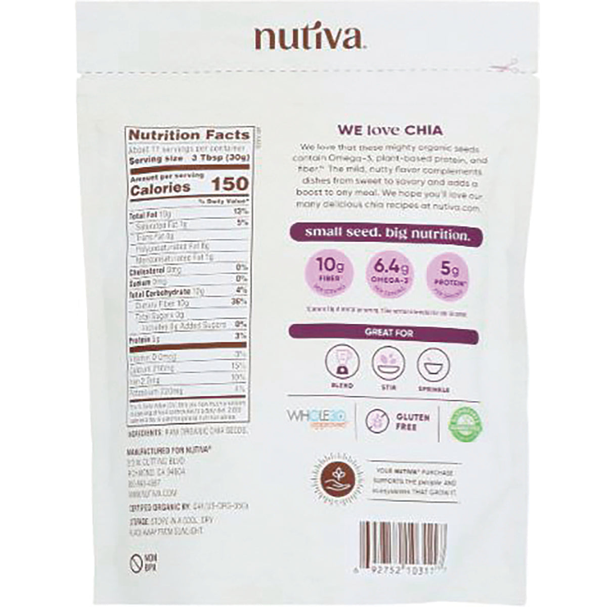NTV031 | back of Nutiva chia pouch showing nutrition facts, serving size, and product claims