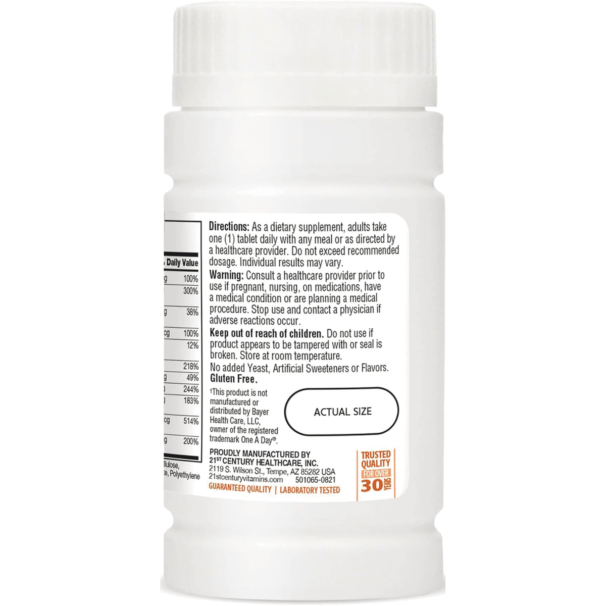 CNT215 | Back label of white supplement bottle showing directions, warnings, nutrition panel edge, actual size oval and manufacturer info