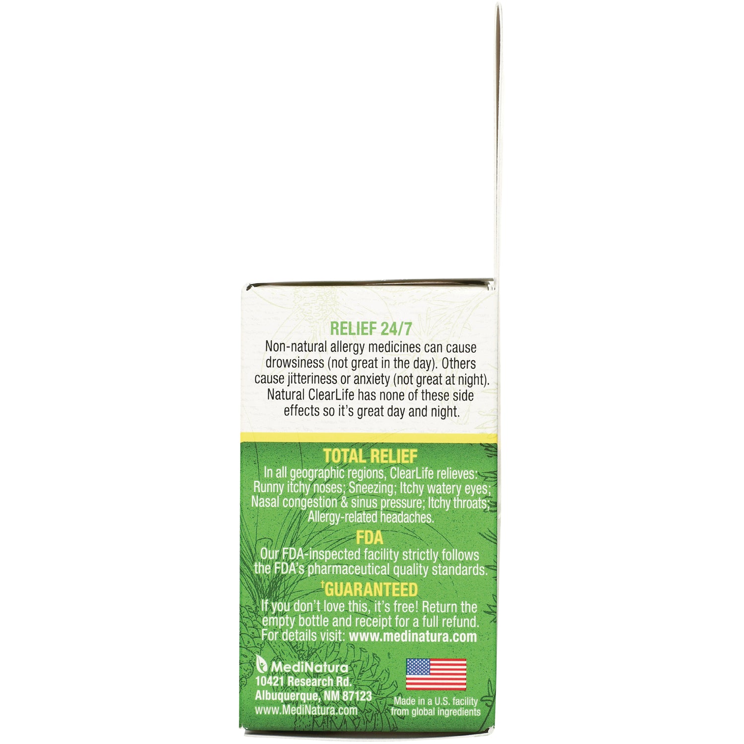 MNA054 | back panel infographic showing Relief 24/7, total relief benefits, FDA statement, guarantee, MediNatura logo and US flag