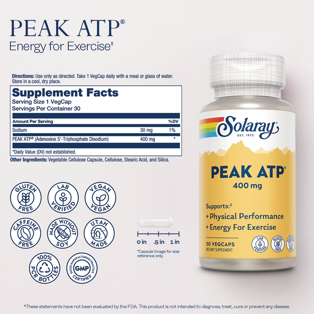 SLR533 | Back label showing Supplement Facts panel, ingredient list, certification icons, capsule size graphic and partial Solaray PEAK ATP 400 mg bottle - Thumbnail