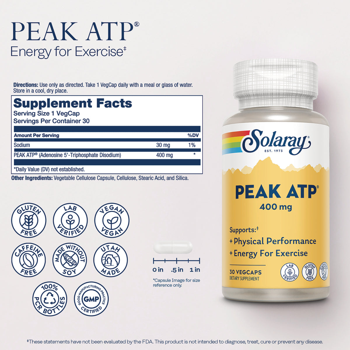 SLR533 | Back label showing Supplement Facts panel, ingredient list, certification icons, capsule size graphic and partial Solaray PEAK ATP 400 mg bottle