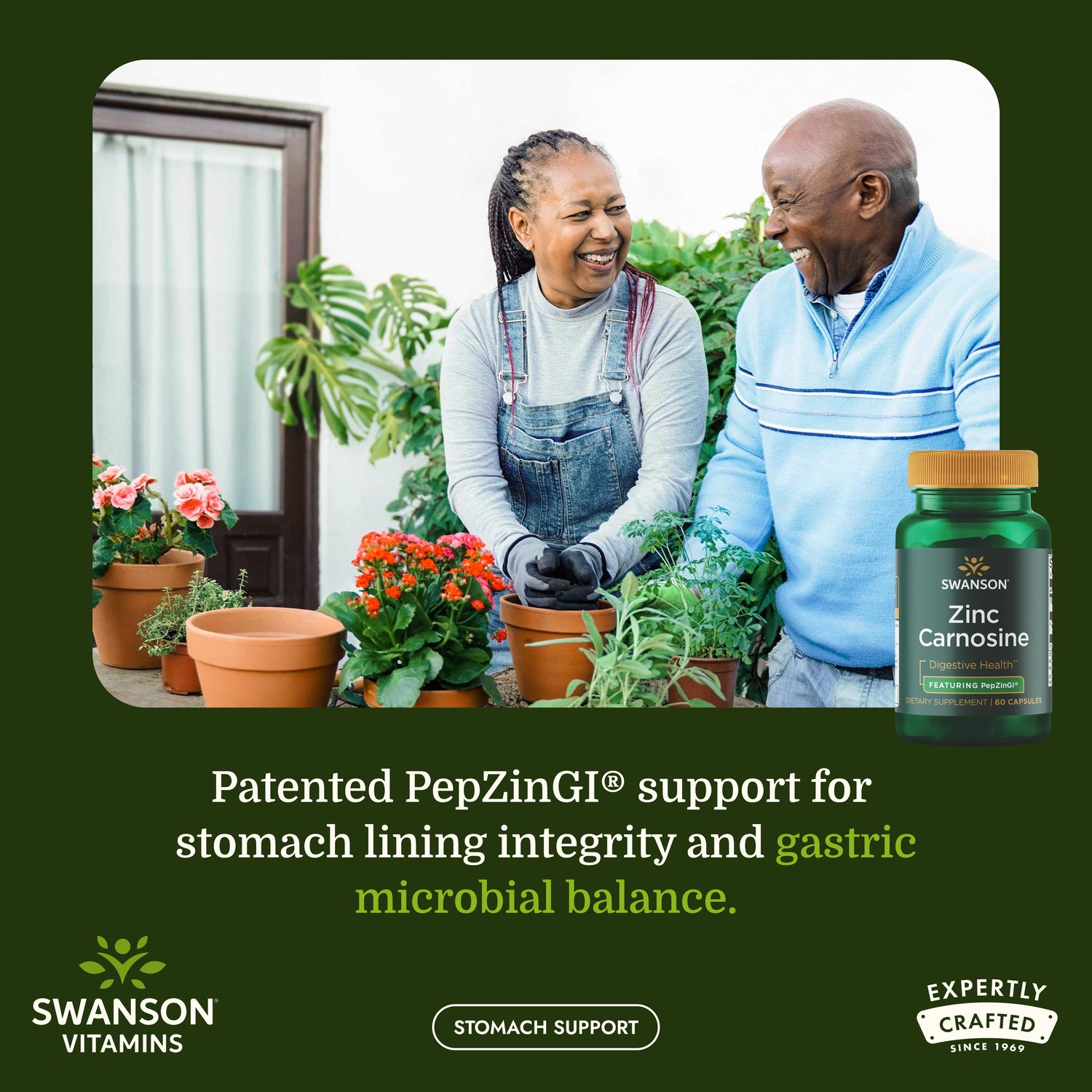 SWU281 | Couple gardening with Swanson Zinc Carnosine bottle and PepZinGI stomach support message