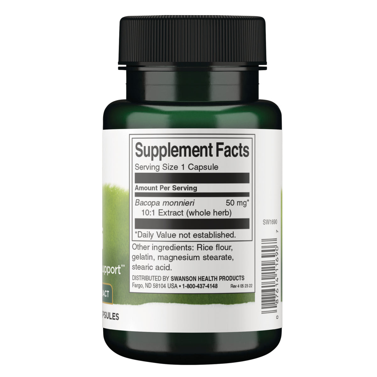 SW1690 | Back label with Supplement Facts: Bacopa monnieri 50 mg 10:1 extract; serving size 1 capsule