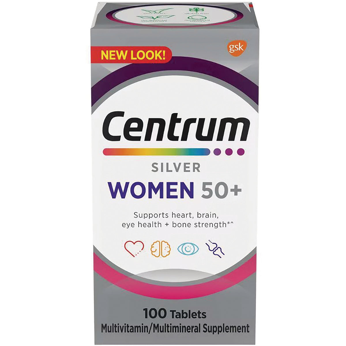 CEN022 | Centrum Silver Women 50+ multivitamin 100 tablets front packaging, labeled supports heart, brain, eye health + bone strength