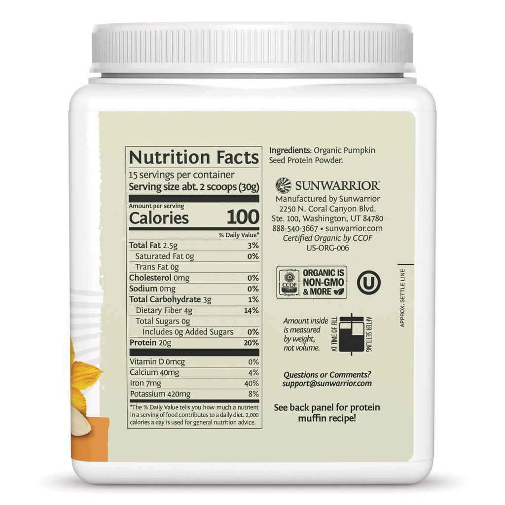 SNW069 | Back label with Nutrition Facts, ingredients, and Sunwarrior organic certification details - Thumbnail