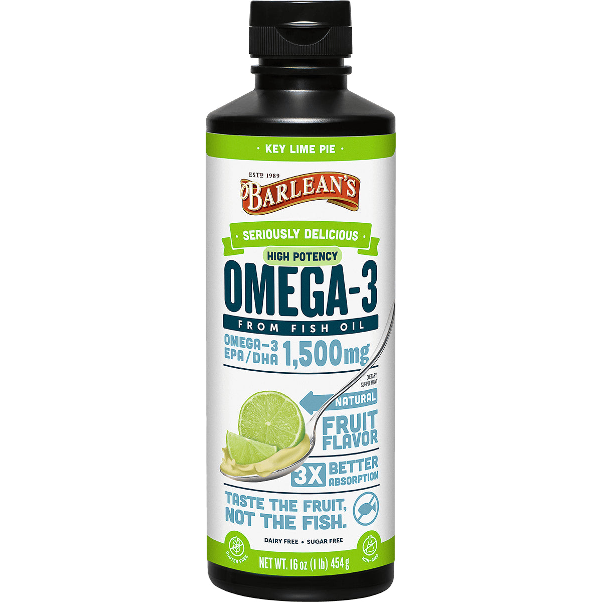BAR075 | Barlean's Key Lime Pie high-potency Omega-3 liquid from fish oil 1,500 mg natural fruit flavor
