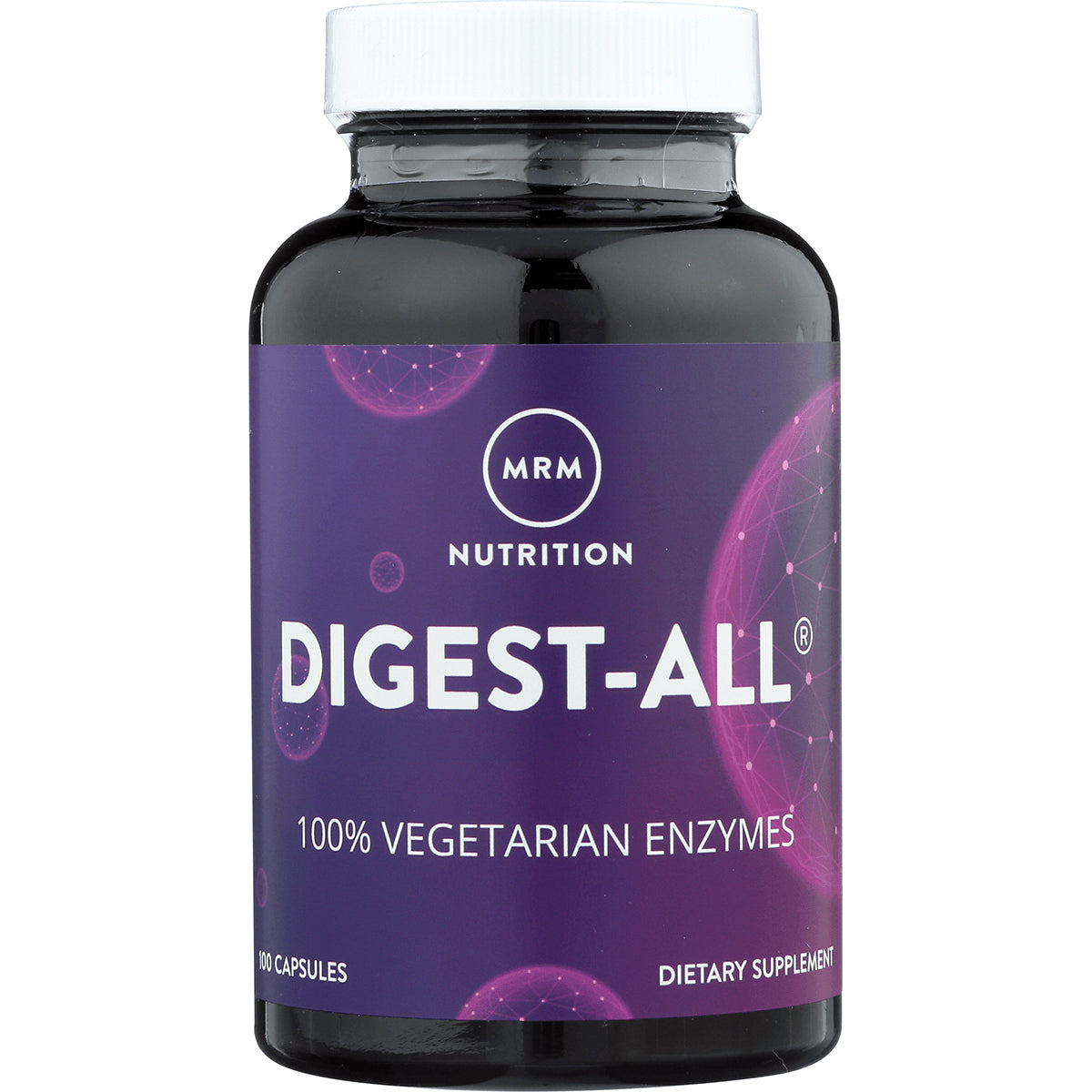 MRM003 | Dark supplement bottle labeled DIGEST-ALL, 100% VEGETARIAN ENZYMES, MRM Nutrition