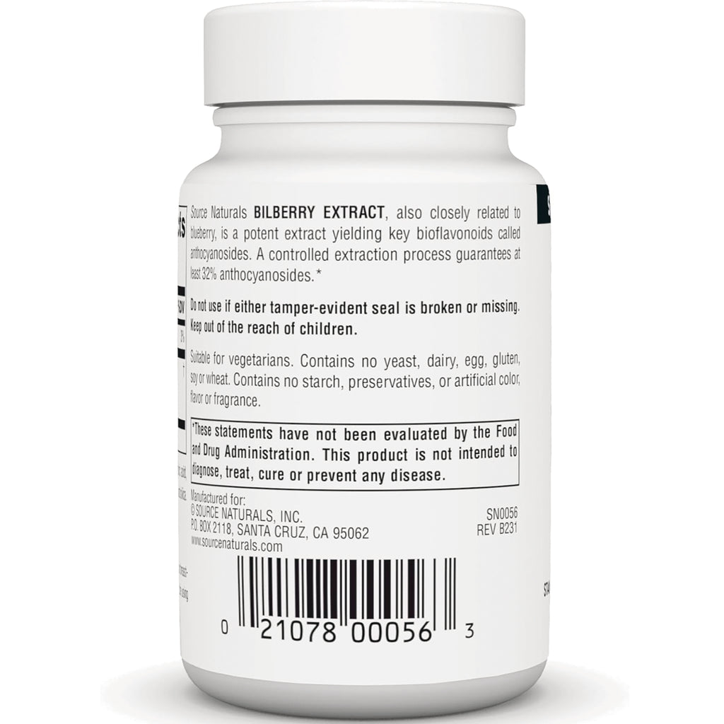 SN712 | Back label of Source Naturals Bilberry Extract supplement bottle with directions, warnings and barcode - Thumbnail