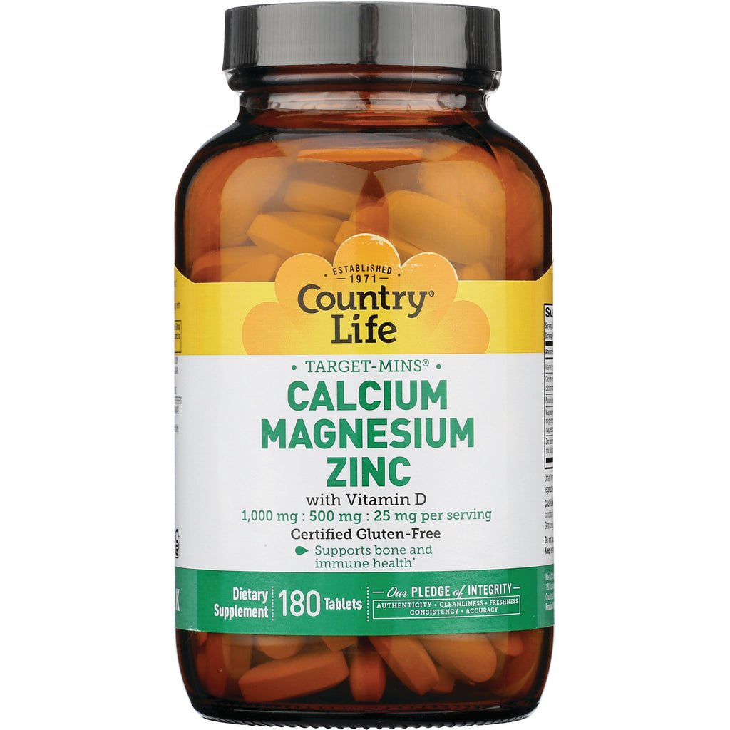 CRL020 | Country Life Target-Mins Calcium Magnesium Zinc with Vitamin D dietary supplement 180 tablets amber bottle - Thumbnail