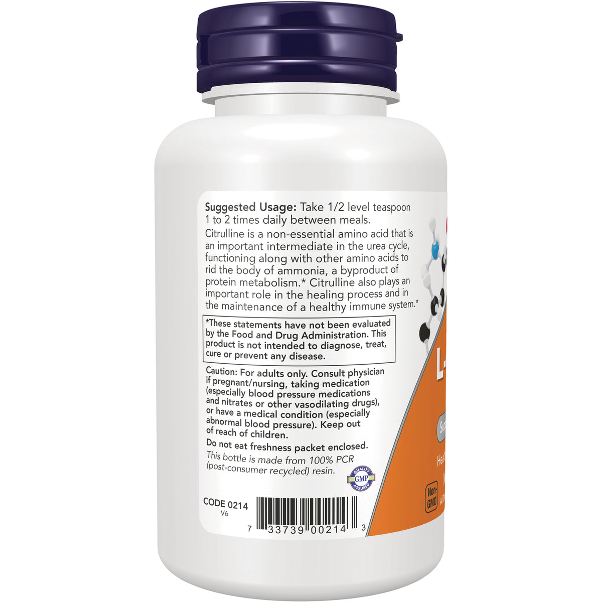 NWF170 | Back of white supplement bottle showing suggested usage and caution text, barcode, and partial orange side label