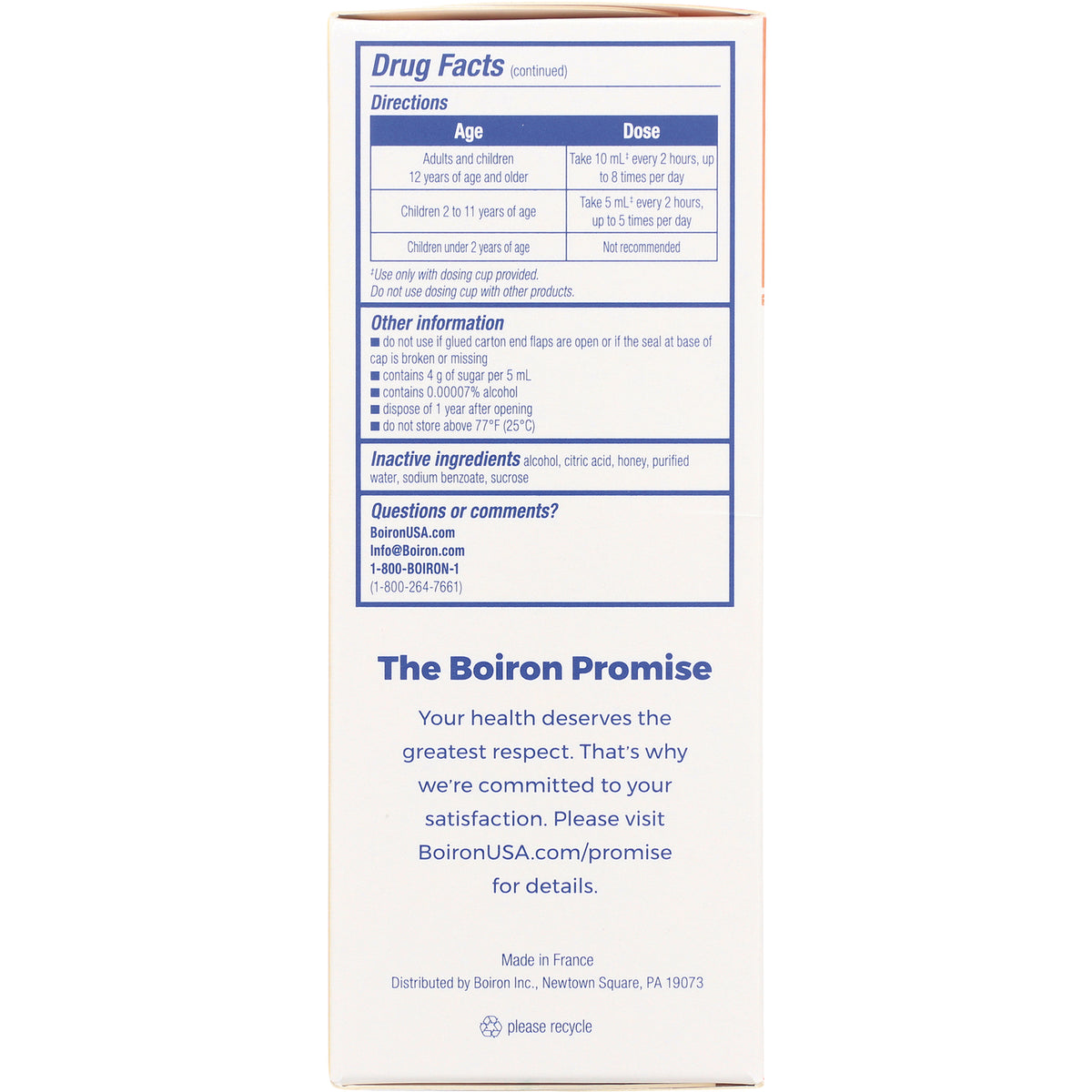 BRN084 | Back of product box showing Drug Facts, directions, inactive ingredients, and The Boiron Promise text